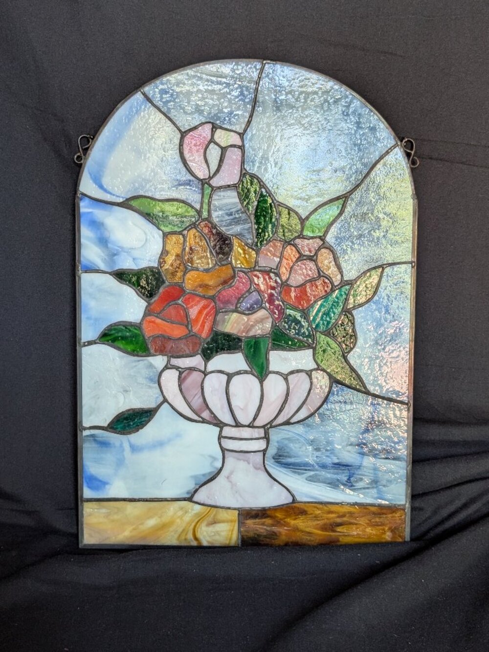 Handmade Victorian Large Stained Glass Flowers Urn Sun Catcher Panel 16x11"